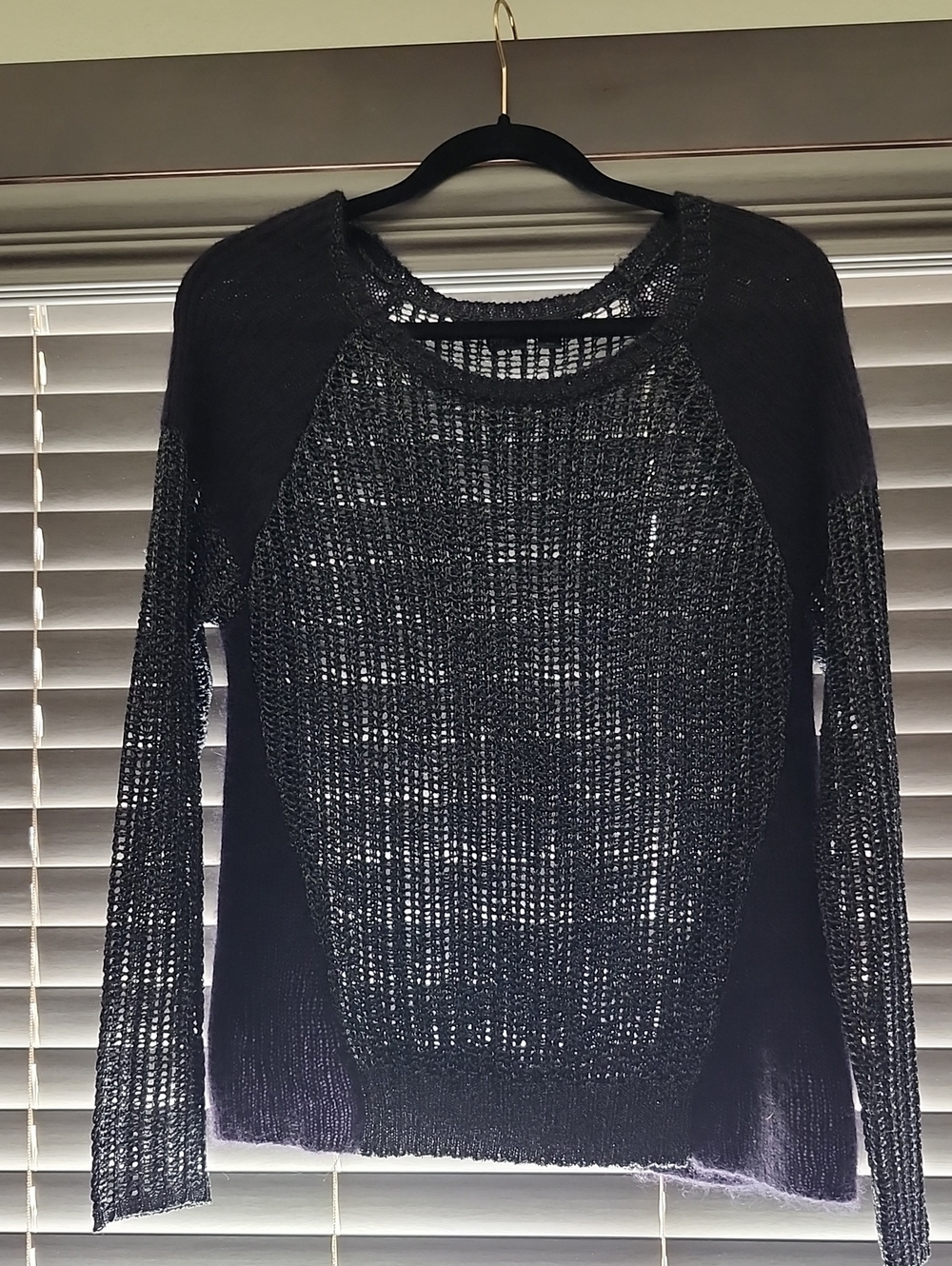 Women's Black Open-Weave Crewneck Sweater